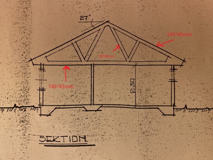 Ritning av en takstolssektion med måttangivelser för övre balkar, snedsträvor och nedre balkar.