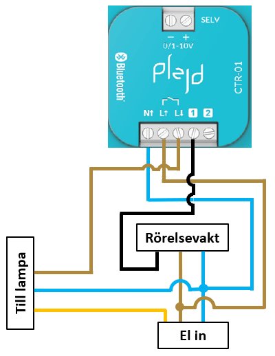 Schematiskt kopplingsschema för Plejd-enhet, rörelsevakt och lampa enligt användarens plan.