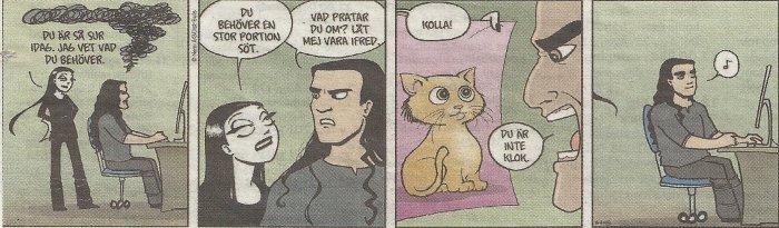 Tre rutor av en Nemi-seriestrip som visar en kvinna vid dator, en kvinna som föreslår att titta på en katt, och mannen som ler vid datorn.