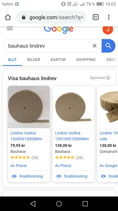 Skärmdump av sökresultat för isoleringsmaterial, två rullar lindrev visas med pris och butiksinformation.