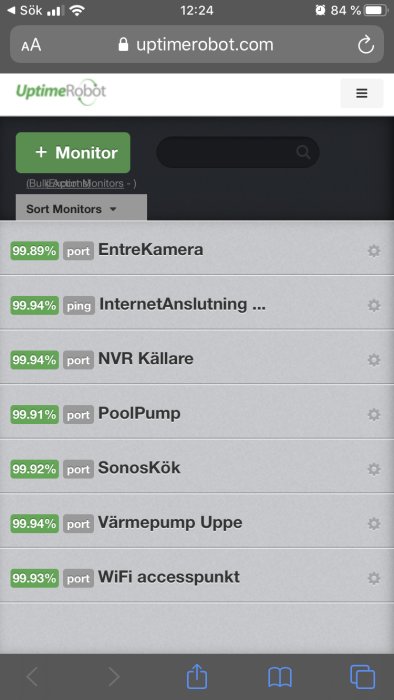 Skärmdump från UptimeRobot som visar status för olika enheter, inklusive kameror och nätverksutrustning.