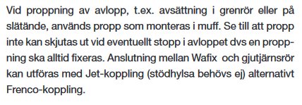 Textutdrag med instruktioner för att proppa avlopp med användning av propp och anslutningstekniker som Jet-koppling eller Frenco-koppling.