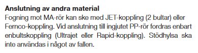 Text från en VVS-anvisning om anslutning av material med rekommenderade kopplingar för rörinstallationer.