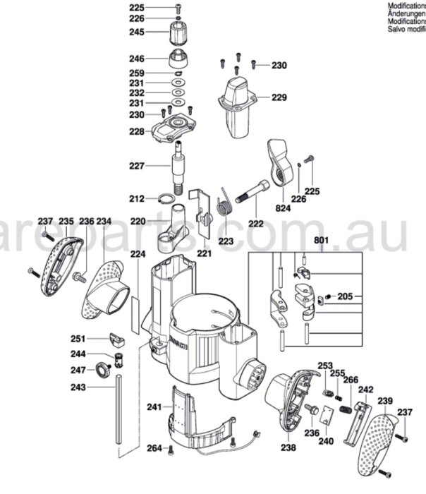 Exploded-view teckning som visar alla delar och skruvar av en apparat isärtagen.