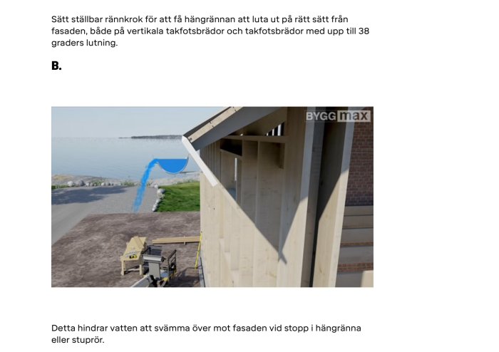 Nybyggd takfot med justerbar ränna mot bakgrund av byggmaterial och havsutsikt.