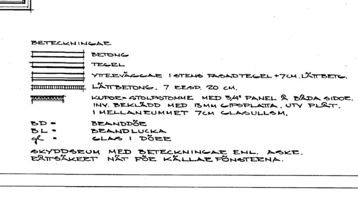 Handritad skiss med materialbeskrivningar för väggkonstruktion inklusive lättbetong och måttangivelser.