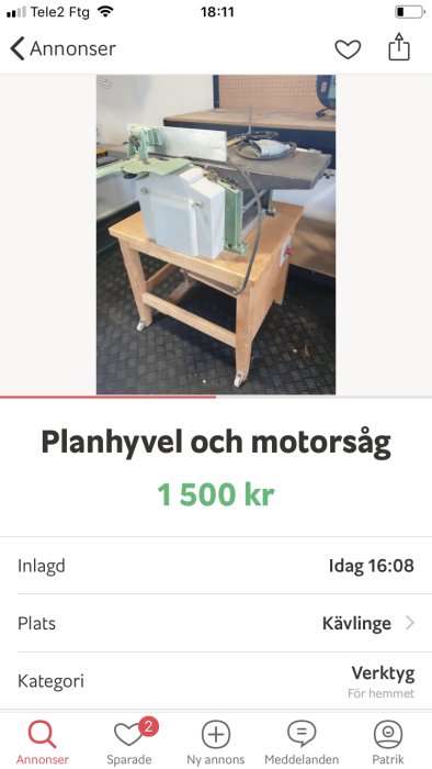 Inca rikt- och planhyvel på träbänk till salu för 1500 kr.