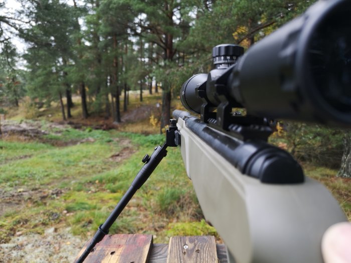 Gevär med sikte vilandes på stöd med skog i bakgrunden, förberedelse för jakt.