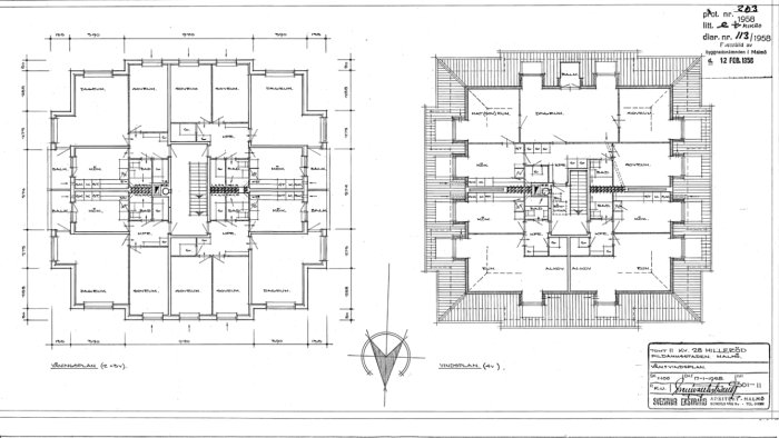 Arkitektritningar av en byggnadsplan och sektion med mått och markerade bärande väggar.