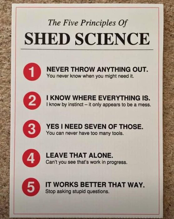 Affisch med "The Five Principles Of SHED SCIENCE" inklusive humoristiska riktlinjer för att inte slänga saker och verktygsorganisering.