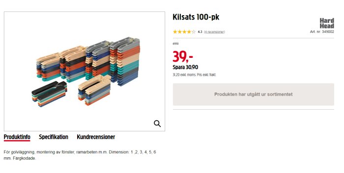 Flerpack med färgkodade kilformade plastdistanser för byggprojekt, med pris och produktinformation.