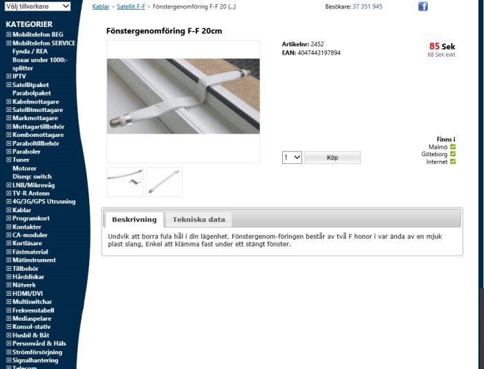 Genomföring för antennkabel vid fönster, öppet och stängt visat, för genomdragning utan borrning.
