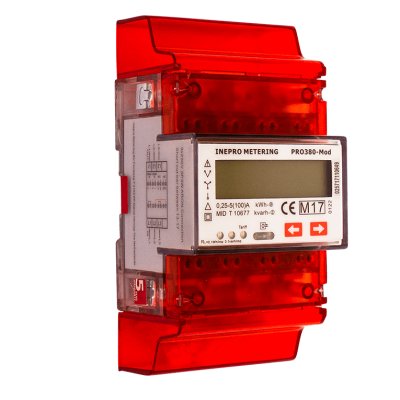 Förbrukningsmätare för fasadmätarskåp i genomskinligt rött hölje, märkt med INEPRO METERING PRO380-Mod.