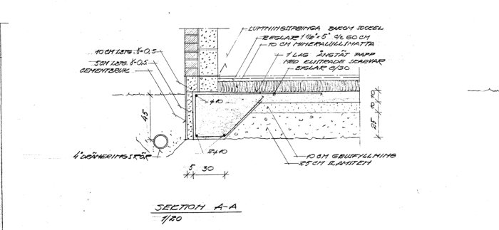 Teknisk ritning av byggsektion med detaljer för grund, isolering och dränering för ett hus från 1961.