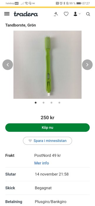 Grön tandborste mot vit bakgrund som visas på en handelssajt med priset 250 SEK.