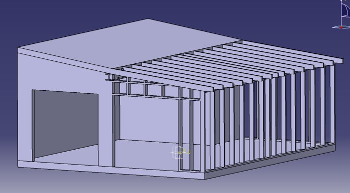 3D-modell av en carport omvandlad till dubbelgarage med synligt takstöd och avsaknad av stolpar.