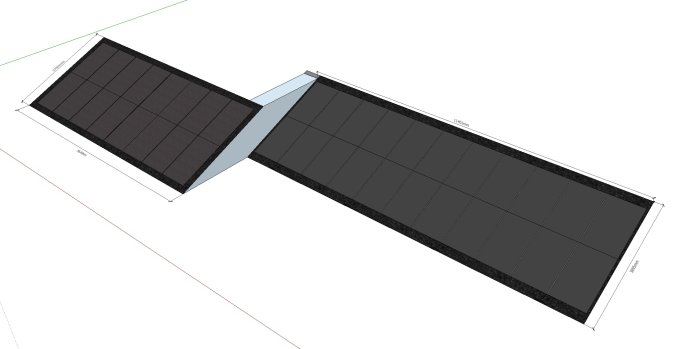 3D-modell av ett hus med solpaneler som täcker större delen av taket på södersidan.