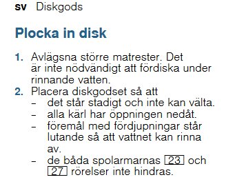 Utdrag ur manualen för Bosch SMU46 diskmaskin med instruktioner för hur man plockar i disk.