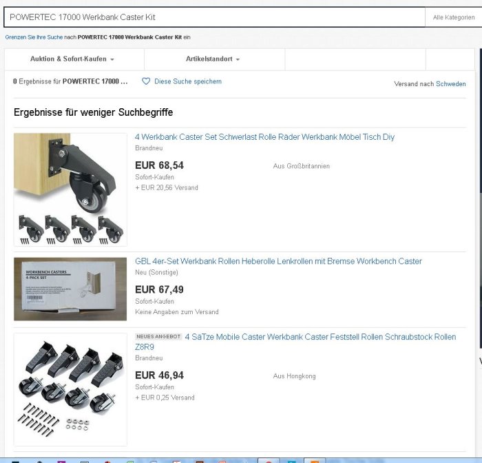 Skärmdump av eBay-sidan som visar olika verktygshjul och priser på en sökning för POWERTEC 17000 Caster Kit.