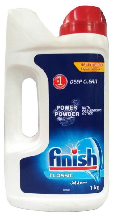 Flaska med diskmedel av märket Finish Classic med 1 kg Power Powder for djuprengöring.