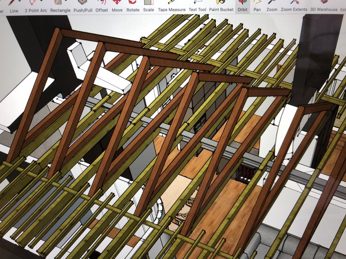 3D-modellerad takkonstruktion i byggprogramvara med synliga reglar och bjälklag.