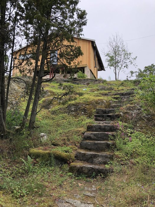 Naturstenstrappa som slingrar sig uppåt mot ett fritidshus på en bergssida.