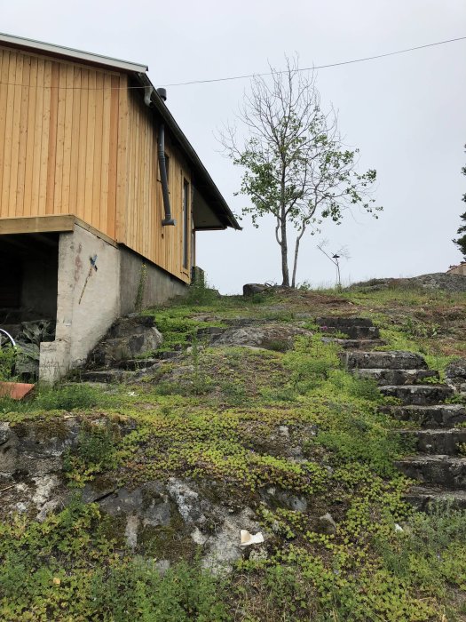 Fritidshus med en lång, slingrande trappa av natursten som leder upp en bergssida.