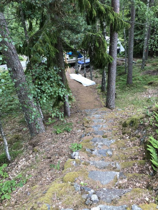 En slingrande trappa av natursten genom en skogsterräng leder ner mot en väg.