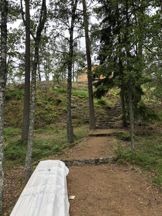 En smal stig leder upp till en stentrappa som slingrar sig genom skog upp mot ett fritidshus på en bergssluttning.