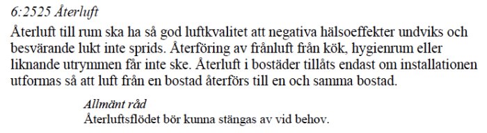 Utdrag ur Boverkets byggregler (BBR) angående återluft och kvalitetskrav för luft i bostäder.