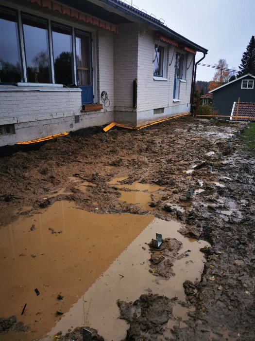 Lerig byggarbetsplats utanför ett hus med nedgrävda plintar och vattenpölar, i behov av markduk och singel.