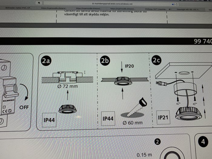 Instruktionsdiagram för installation av spotlights med IP-klassificering och storleksmått i millimeter.