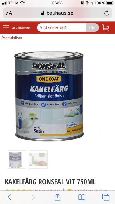 Burk med Ronseal kakelfärg i vit satin, text som föreslår enkel applicering för kök och badrum.