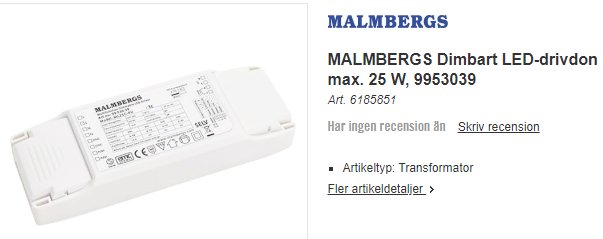 Malmbergs dimbar LED-driver för belysning med teknisk information och artikelnummer på enheten.