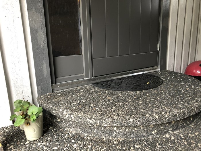 Nyinstallerad tröskelplåt vid en ytterdörr med en krukväxt bredvid och stentrappsteg i förgrunden.