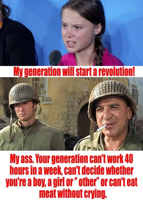 Meme med överdel som visar arg ung tjej och text "My generation will start a revolution!" och nederdel med två soldater och text som ifrågasätter påståendet.