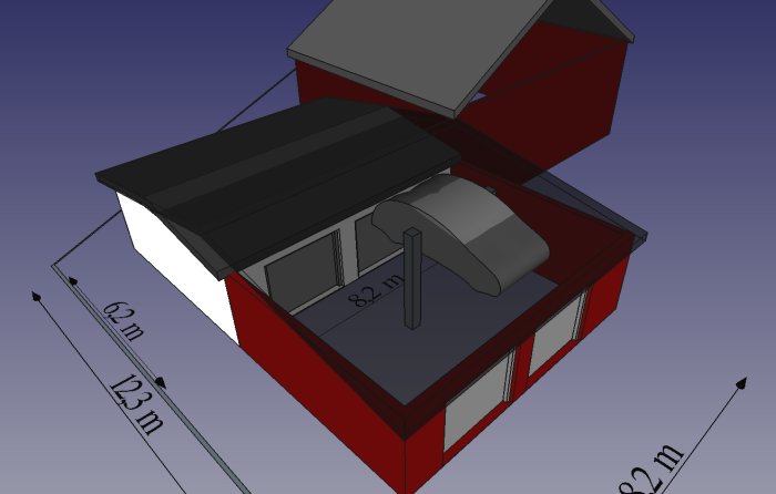 3D-skiss av garageutbyggnad med nuvarande del i vitt och tillbyggnad i rött, inkluderar mått och billyft.