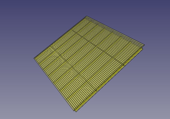 3D-skiss av en takkonstruktion med gula reglar ordnade i ett rutnät mot en lila bakgrund, representerar byggplaner för ett garage.