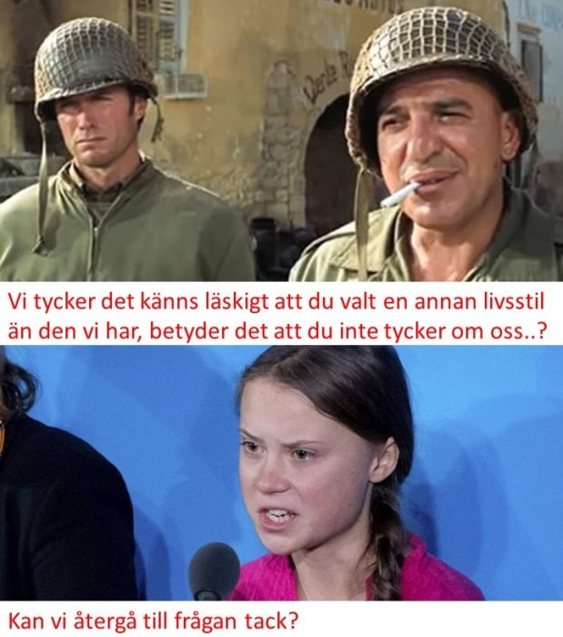 Sammanställd bild med två soldater överst och en ung tjej som talar i en mikrofon nedtill med tillagda pratbubblor.