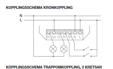 Kopplingsschema för kron- och trappomkoppling med beteckningar för anslutningar och två kretsar.