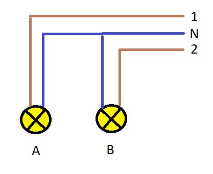 Elektrisk kopplingsschema som visar anslutning av två lampor A och B med tändtrådarna 1 och 2 och en nolla N.