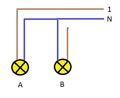 Schematisk bild av koppling för armatur med två lampor A och B, tändtråd 1 till lampa A och nolla N.