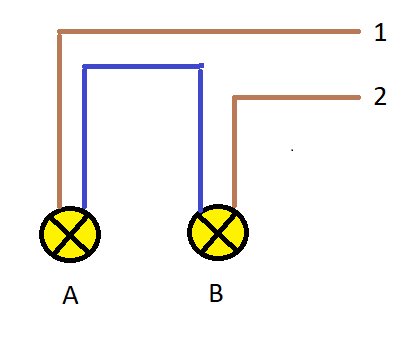 Schematisk illustration av en krontändningskoppling för två lampor A och B med tändtrådarna 1 och 2.