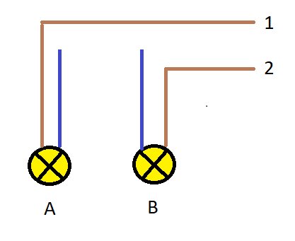 Schematisk bild av koppling för en armatur med två lampor A och B och tändtrådarna 1 och 2.