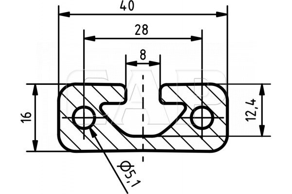 Teknisk ritning av Profil 8 Schwer T-track för användning med pelarborr och flip-stop.