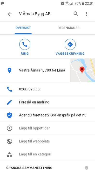 Skärmdump av "V Ärnäs Bygg AB" företagsprofil med kontaktuppgifter och karta.