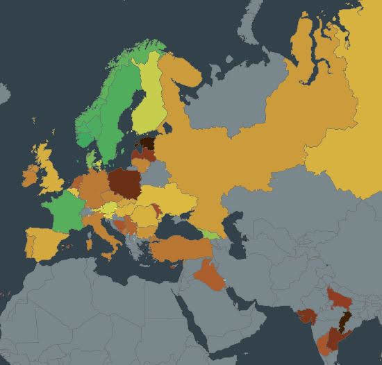 Färgkodad karta som visar CO2-utsläppsnivåer över Europa med olika länder i varierande nyanser.