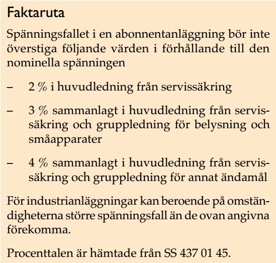 Textbild med riktlinjer för spänningsfall i abonnentanläggningar, inklusive procentsatser för olika huvudledningar enligt SS 437 01 45.