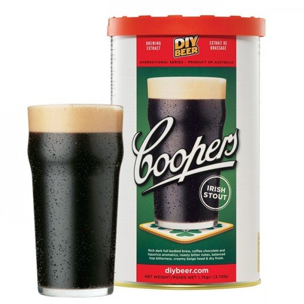 Coopers Irish Stout ölsats i en burk med bild på ett fyllt ölglas bredvid.