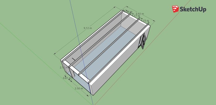 3D-modell i Sketchup av ett byggprojekt med måttangivelser, utan planritning.